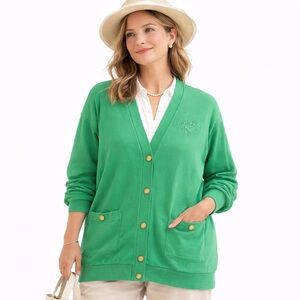 Vintage Kelly Green Crest Cardigan Gold Buttons Preppy 18 90s